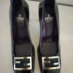 FENDI Silver FF Logo Black Patent Leather Square Toe Heels Vintage New 5.5M